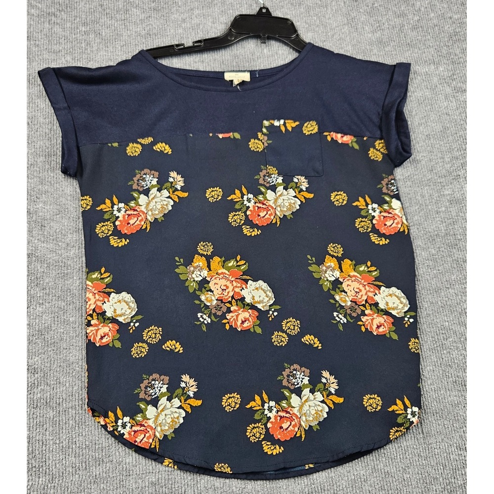 Mason & Belle Navy Blue Floral Mixed Media Pocket Top Short Sleeve Small